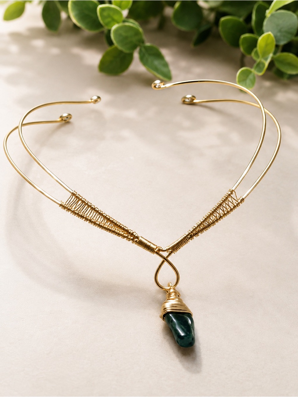 Gold-Tone Wire Wrapped Black Stone Necklace